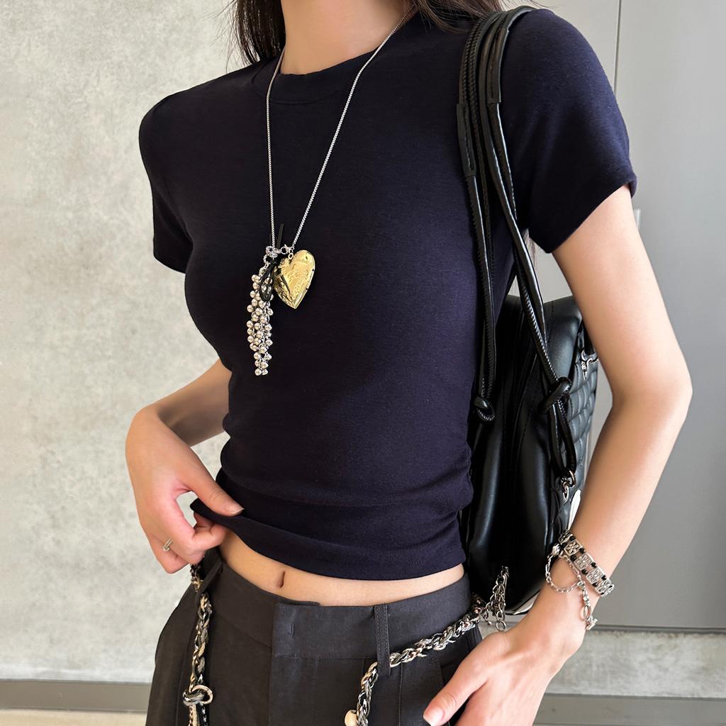 Women's Round Neck Short Sleeve Blouse Slim Fit Casual Style Ruched Cropped Cotton Tee