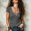 Women Casual V Neck Short Sleeve T Shirt Striped Pattern Lightweight Soft Fabric Summer Top