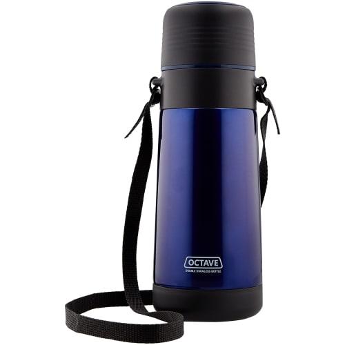 Pearl Metal Octave Double Stainless Steel Water Bottle, 1000ml, with Cup, Wide Mouth, Blue, HB-1743