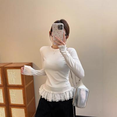 Solid Color Ballet Style Hem Lace Round Neck Long Sleeve T-shirt for Women In Spring and Summer Mid-length Inner Top