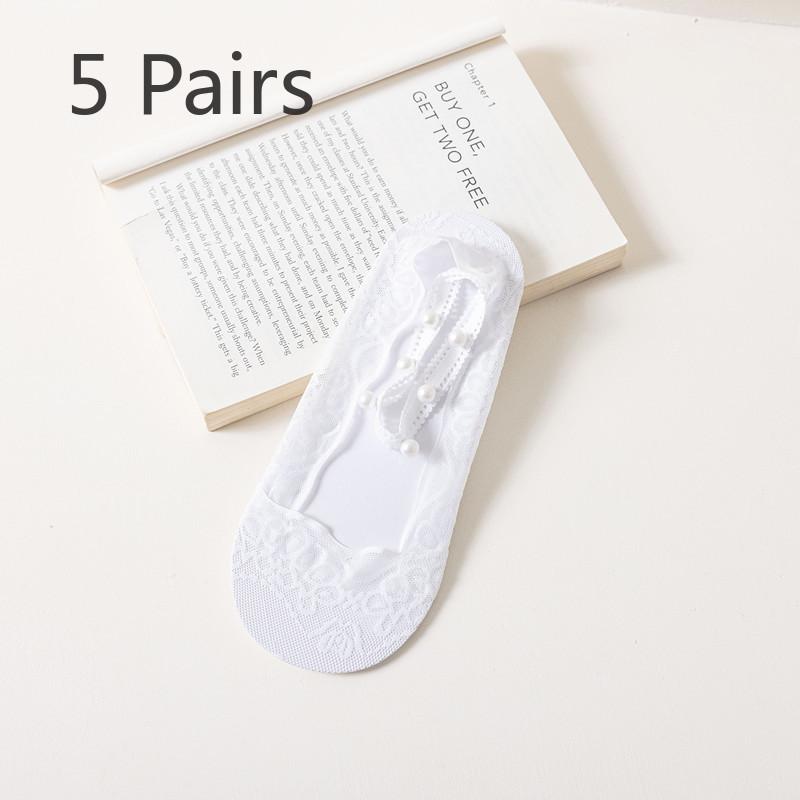5 Pairs of Women's Summer Thin Lace Lace Lace Pearl Halter Boat Socks