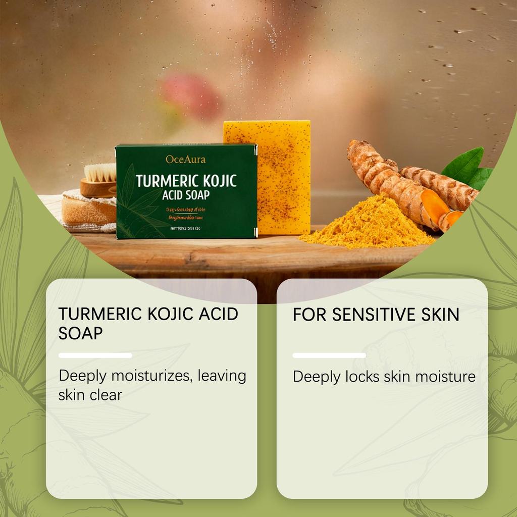 Rozjasňující mýdlo s kurkumou a kyselinou kojovou Odstraňovač tmavých skvrn Hloubkově čisticí Hydratační Sjednocuje tón pleti Ručně vyráběné mýdlo Péče o pleť
