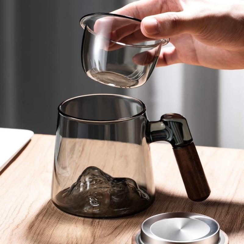 350ml Mountain View Bottom Glass Tea Cup With Wood Handle Chinese Puer Cups High Quality And Convenient Kung Fu Tea Cup Set