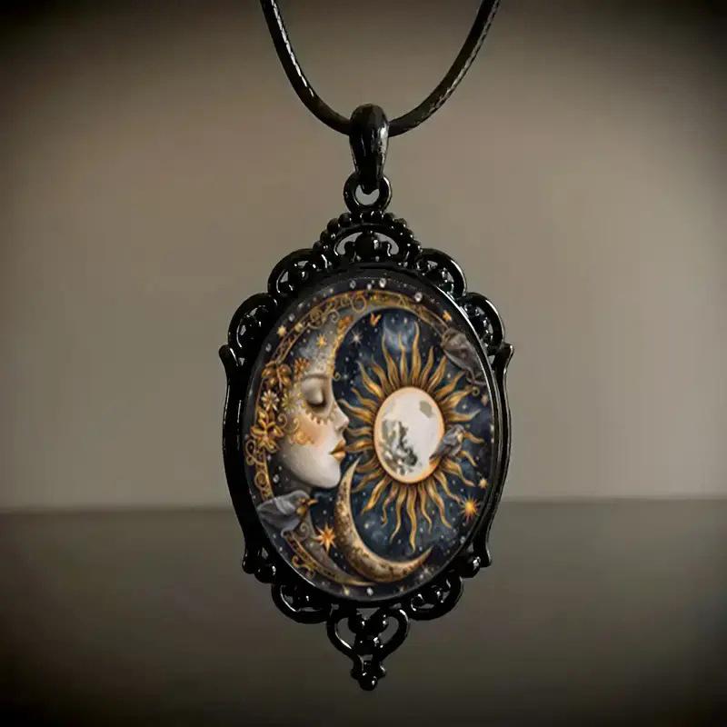 Retro Gothic Moon And Sun Pendant Necklace Women Men Punk Cross Metal Leather Rope Chain Vintage Jewelry Gift
