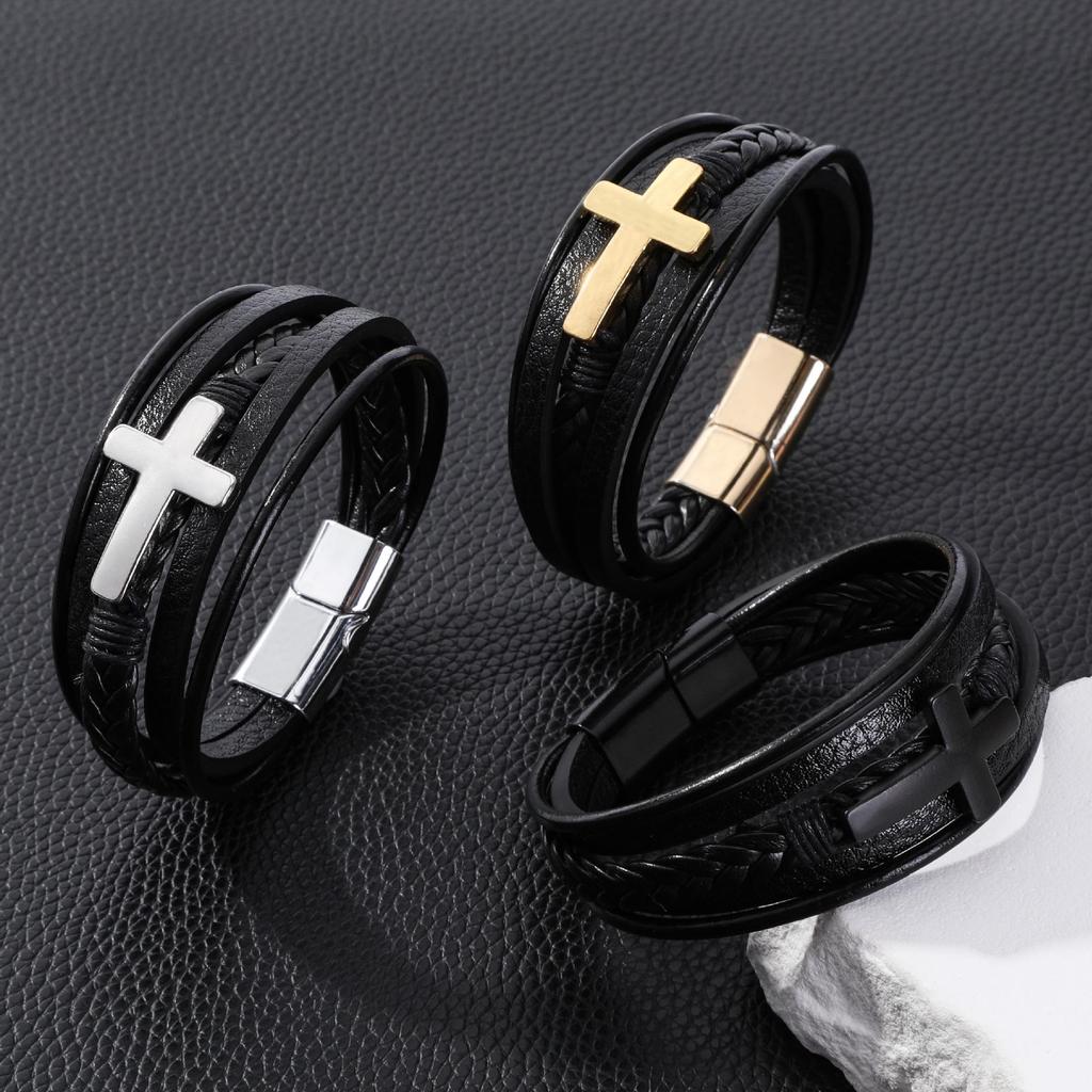 Temu Leather Cross-Style Multi-Layer Woven Bracelet with Alloy Laser Design