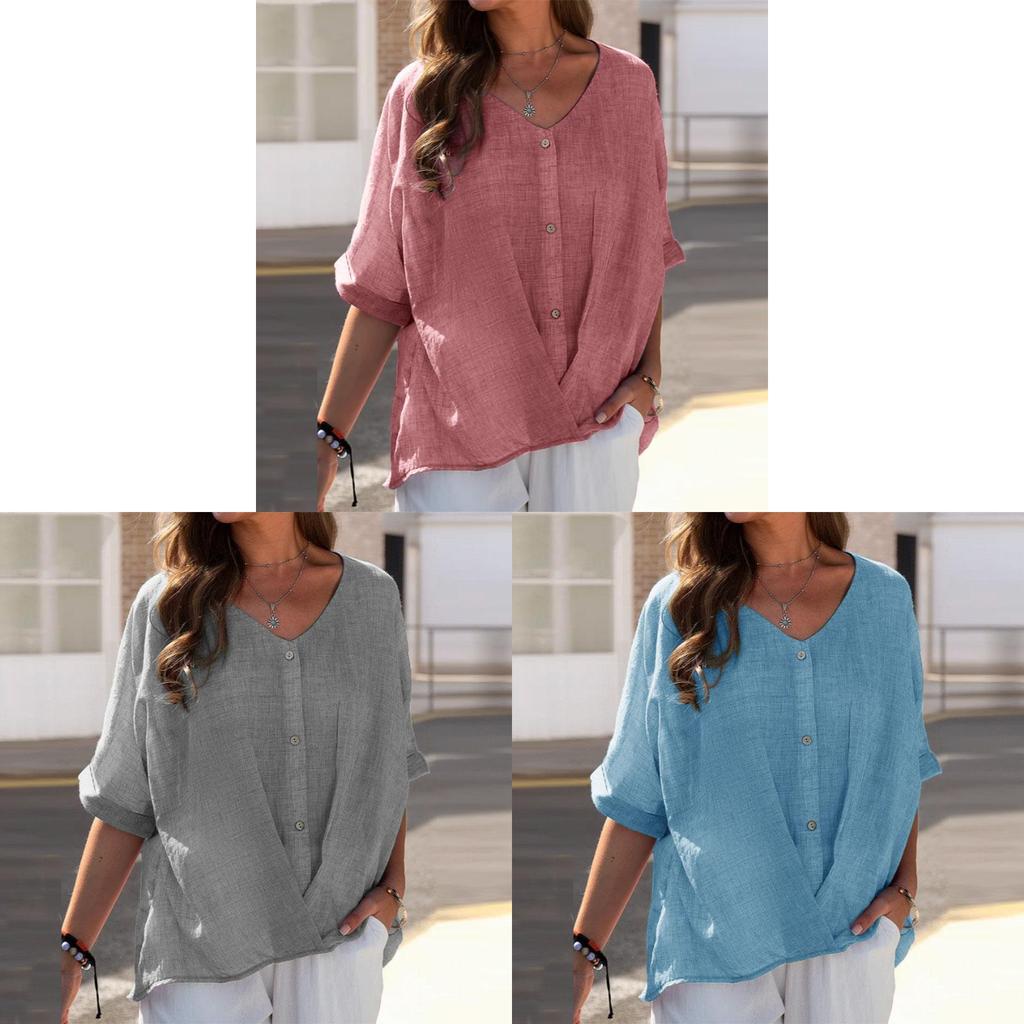 Cotton Linen V Neck Pullover Shirt With Loose Fit For Casual Office Wear