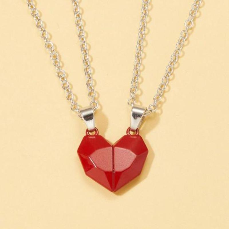 1 Pair Couple Matching Necklace Set Electroplated Alloy Magnetic Heart Shape Pendant Romantic