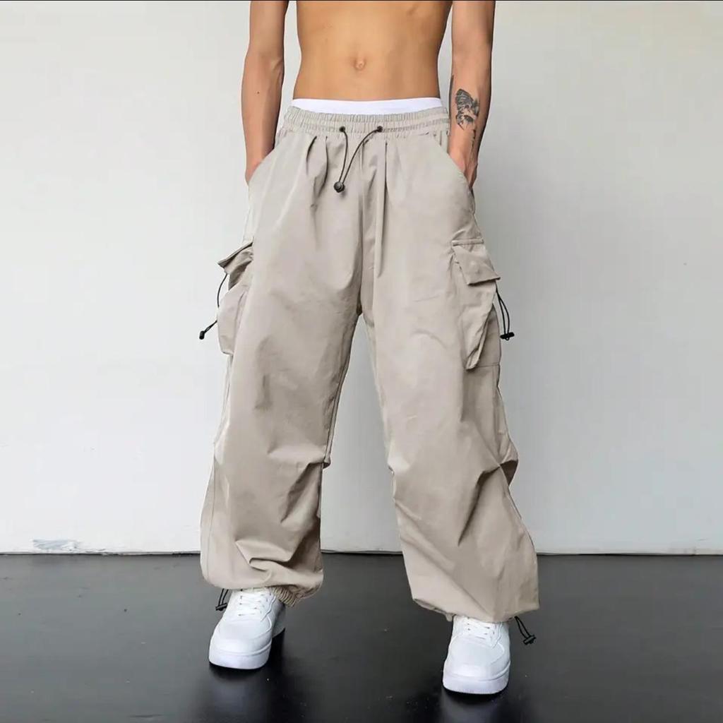 American Style Men's Workwear Casual Wide-Leg Pants with Drawstring and Cuffed Hem
