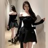 2025 Fashion Women's Black Bow Strap Waist Skinny Dress