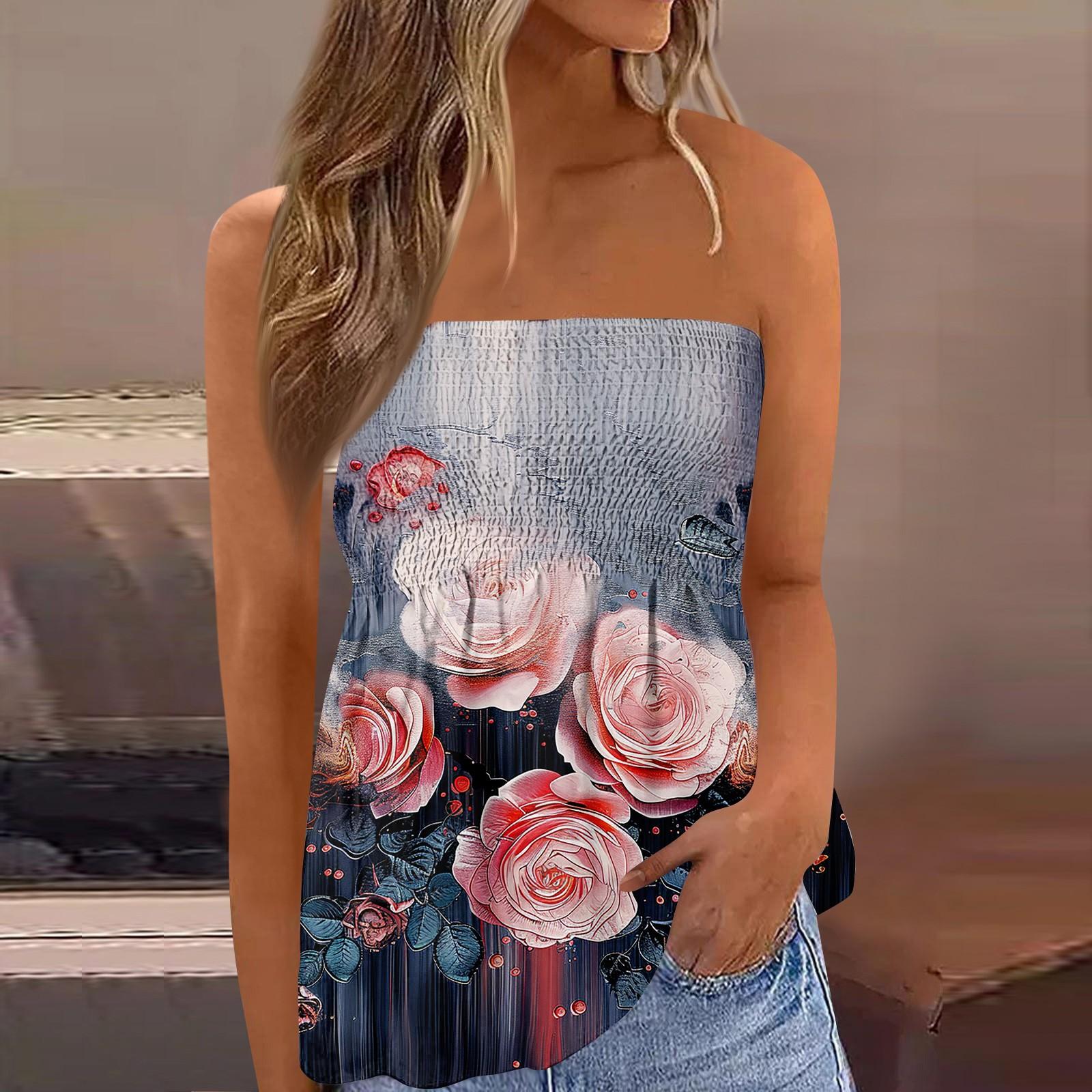 

2024 топы для женщин, милая сексуальная футболка без рукавов с открытыми плечами и цветочным принтом XXL розовый