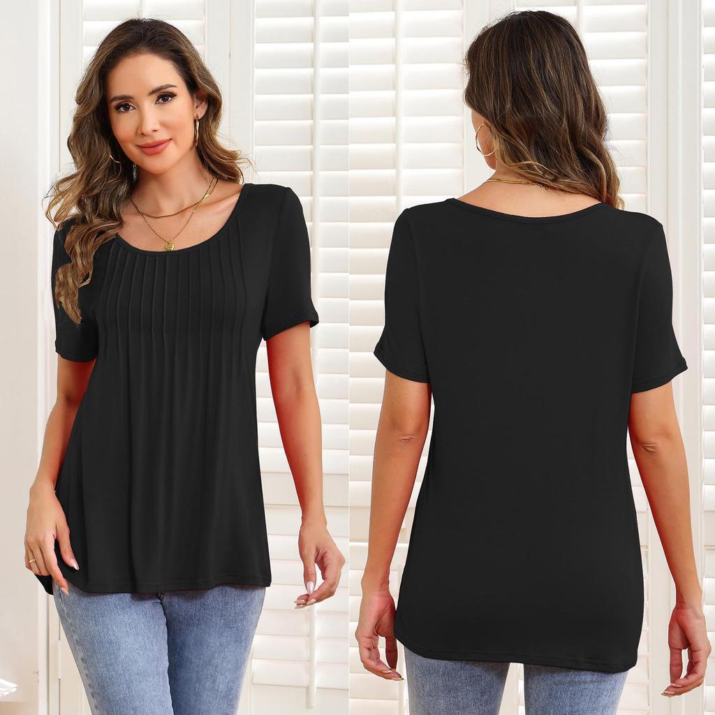 Women’s Shirts Round-neck Short Sleeves Loose Tops Pullover Pleated Stripes T-shirts Solid Color Summer Spring Casual Wear