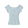 Double-layer fungus edge short-sleeved T-shirt women's summer new American Spice Girl solid-color slim-fitting front shoulder bottoming top