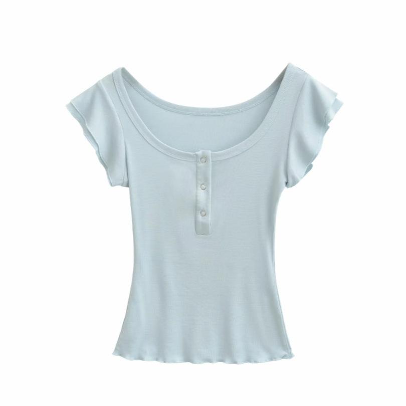 Double-layer fungus edge short-sleeved T-shirt women's summer new American Spice Girl solid-color slim-fitting front shoulder bottoming top