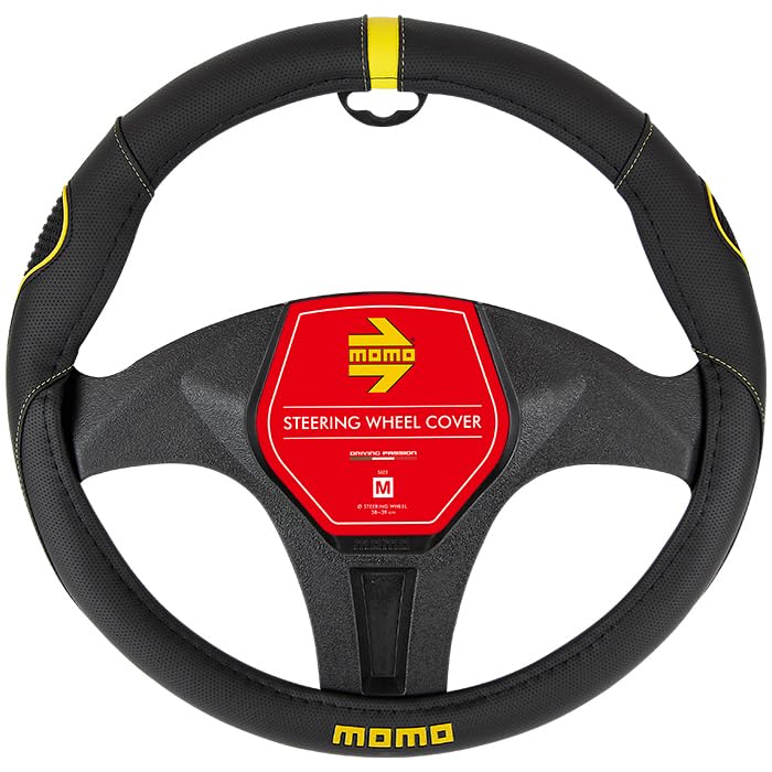 MOMO SUPER GRIP Steering Wheel Cover for Kei Compact and Minivans with Yellow MOMO Size M Cars, Cars, (Black-Yellow logo, (38-39cm))