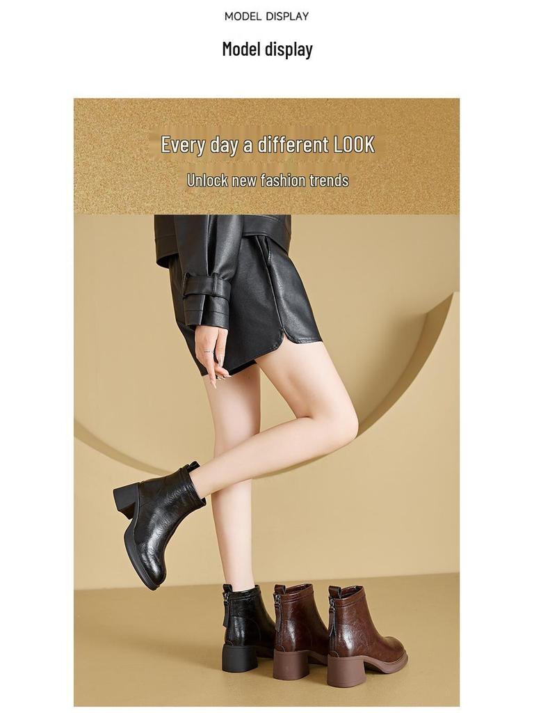 Fall/Winter Women's Thick-Soled Genuine Leather Skinny Boots, Korean-Style Back Zipper Martin Boots, Slip-On Casual Shoes