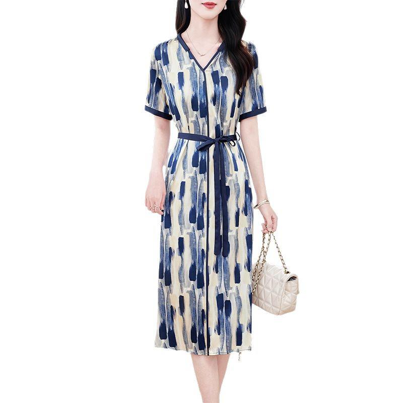 Women's V-Neck Satin Silk Dress - Medium Length, Summer 2025 Collection, Short Sleeves