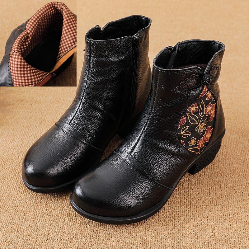 

Johnature Этнический стиль Натуральная кожа Толстый каблук Короткие ботинки Ретро принт Теплые Боковая молния Женские ботинки 38 чёрный