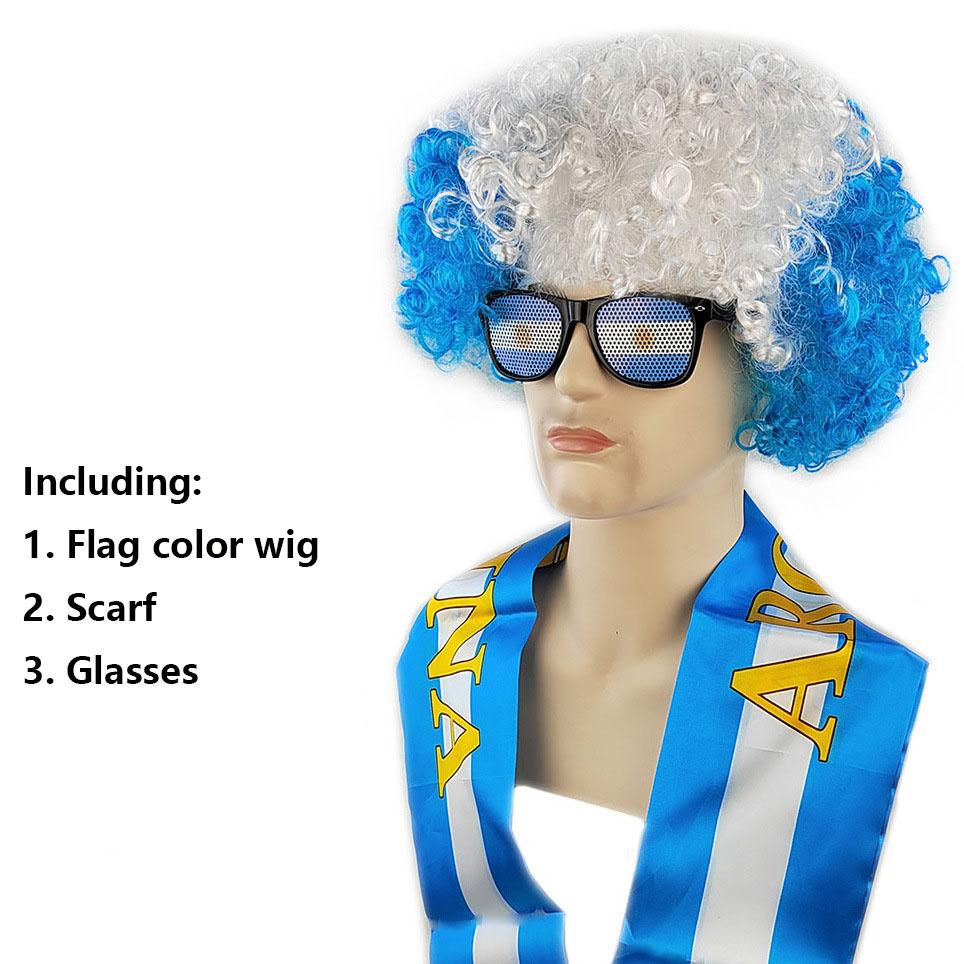 Hot National Team Football Match Wig Flag Glasses 3pcs  Football Fan Cheering Costume Sports Event Party Supplies