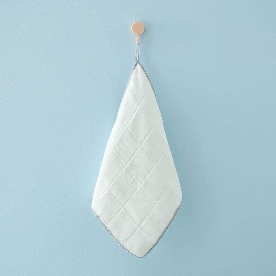 Set of 4 square absorbent cleaning cloths, 30cm square kitchen cleaning towels with colored edges and hanging loops.