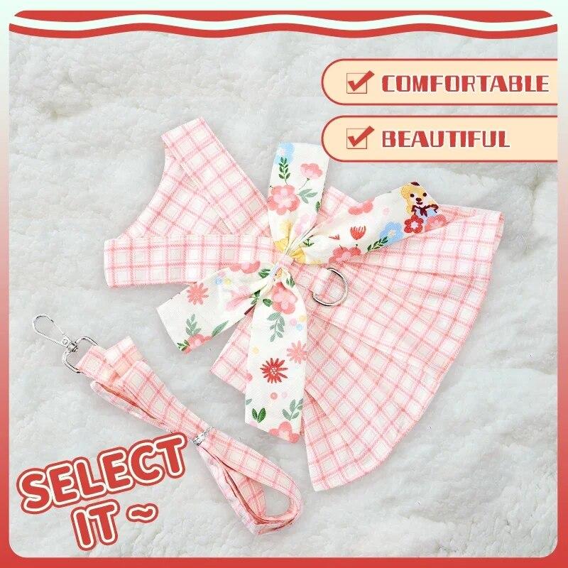 Summer Dog Harness Dresses with Leash Set Pet Dogs Clothes Bow Tie Bust Back Dress Puppy Clothing Cute Fashion Outfit Pet Item