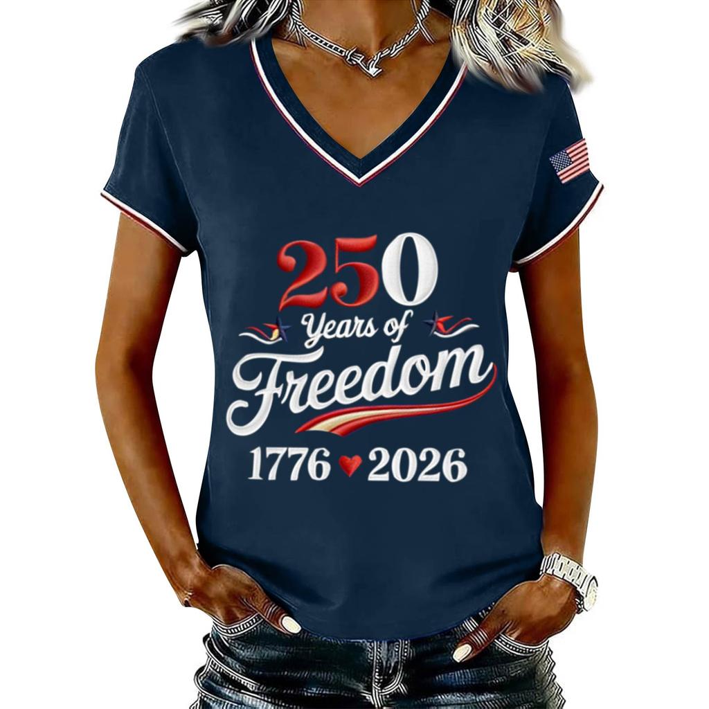 Women's Casual V Neck Short Sleeve Pullover Printed T-Shirt Top