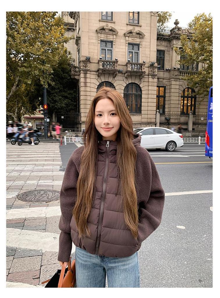 Women's 2026 Knitted Patchwork Sleeve Cotton Jacket - Short, Two-Piece Style, Autumn/Winter New Fashion Outerwear