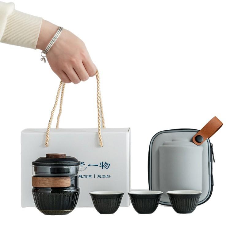Modern simple Kung Fu travel tea set, glass filter, one pot, three cups, insurance bank company souvenir