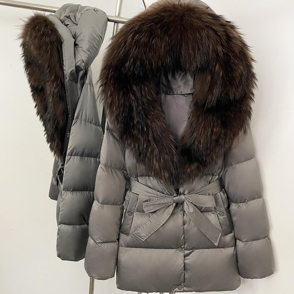 Herbst- und Winter-Locker geschnittene Schnür-Dicke Kapuzen-Daunenjacke Damen Retro Vielseitig Natürlicher Echter Fuchsfellkragen Jacke