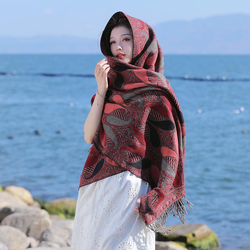 Ethnic Style Cashew Pattern Shawl Cloak Scarf: Imitation Cashmere, Thick, Dual-Purpose Women's Accessory for Autumn/Winter