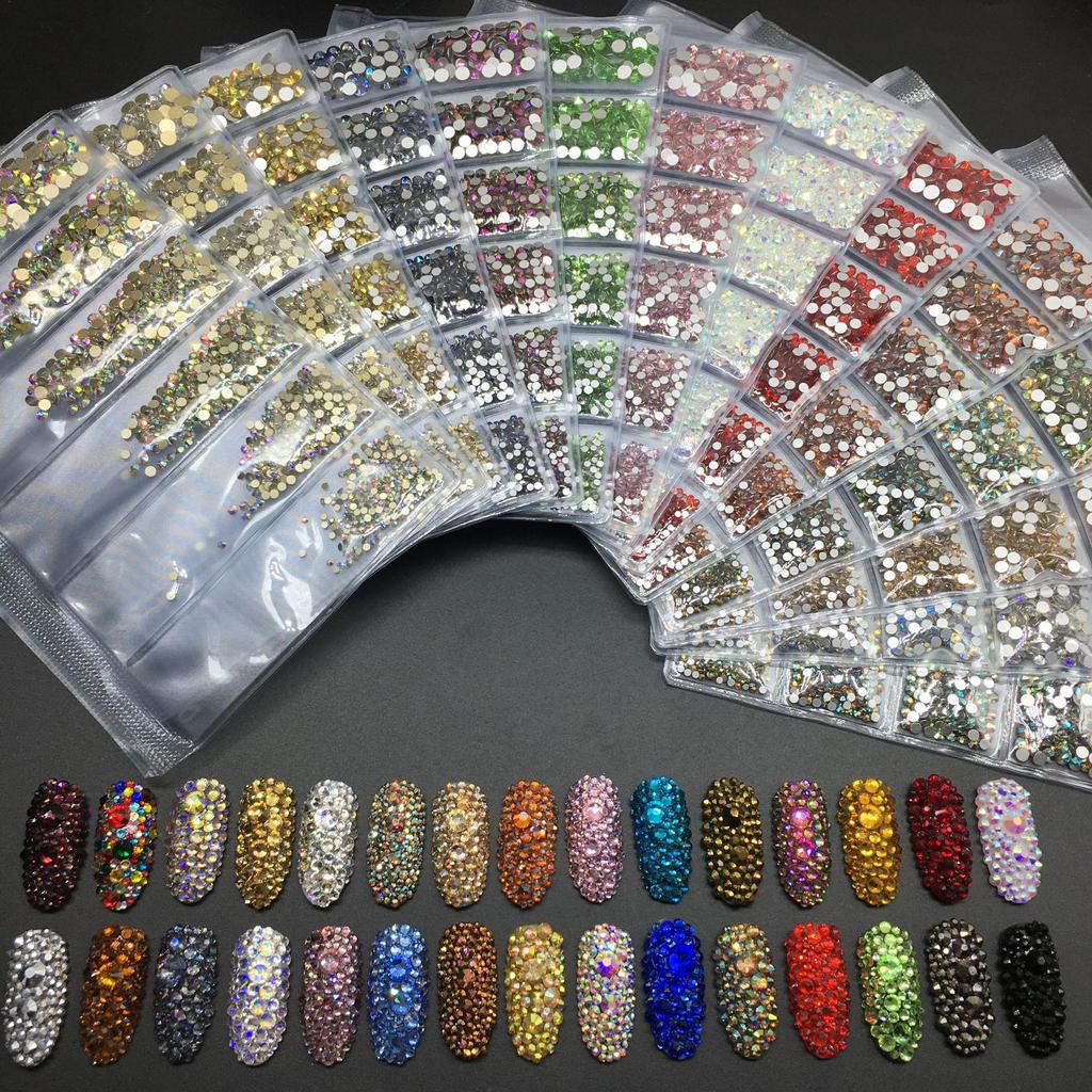 6-Grid Flat-Back Nail Art Rhinestone Set (1440pcs) - Mixed AB & Clear Glass Rhinestones Nail Decorations