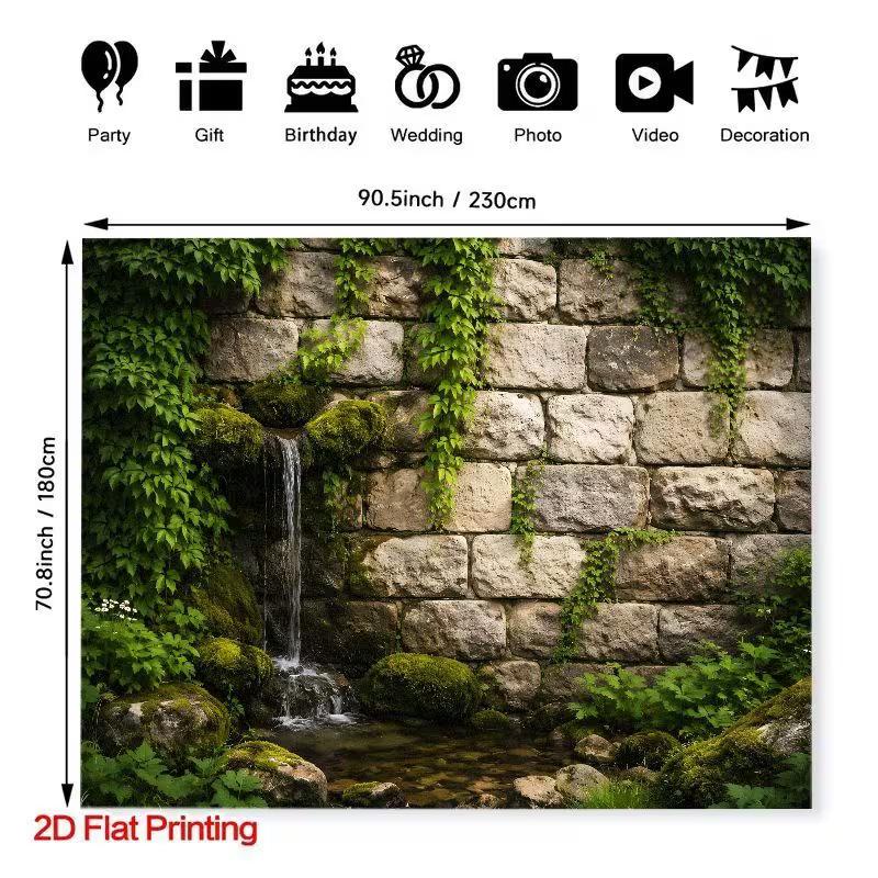 2D Flat Printing Green Ivy & Moss Waterfall Backdrop 90.5x70.8inch Photo Booth Background