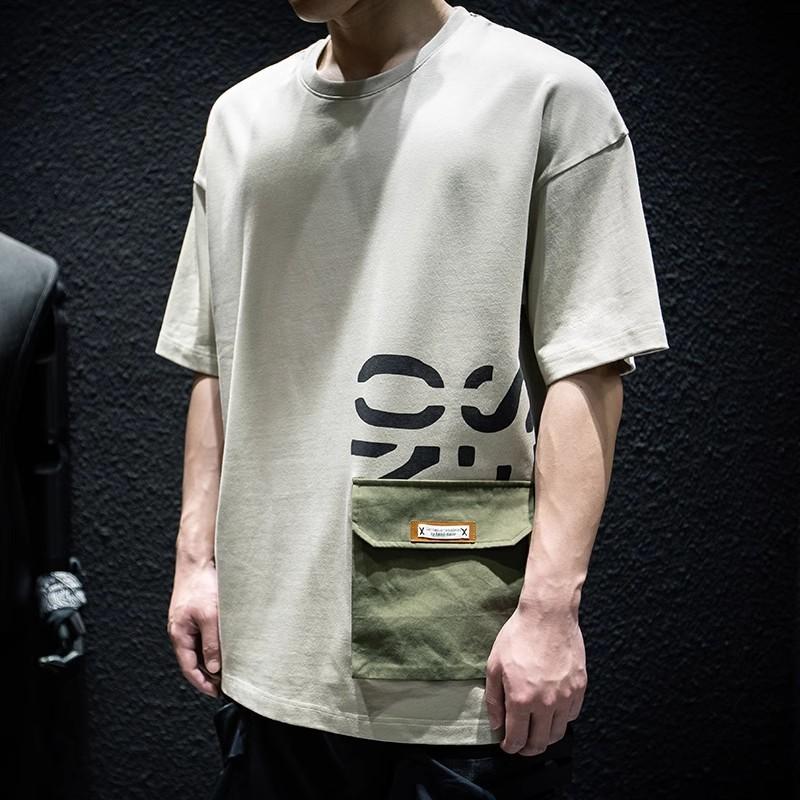 Летняя мужская хлопковая футболка с коротким рукавом принтом букв и карманом-карго повседневные хлопковые топы с круглым вырезом уличные футболки больших размеров XXXL хаки 1646₽