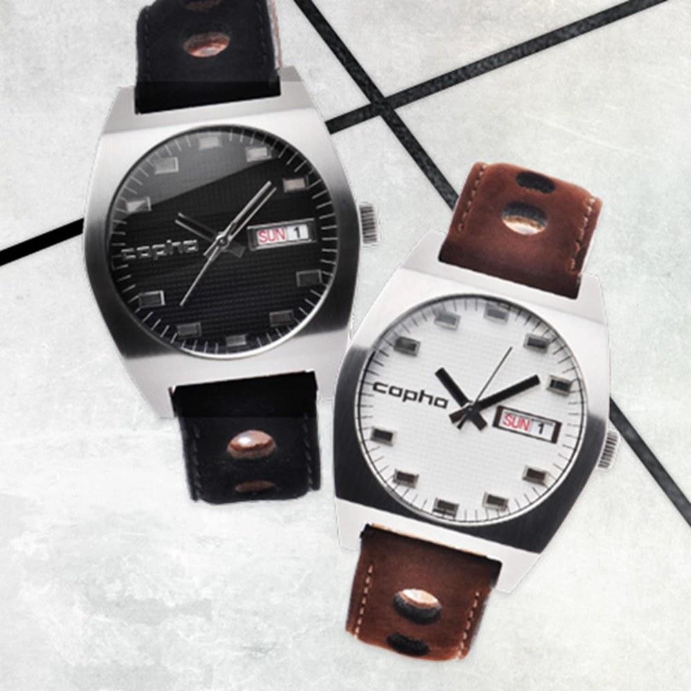 Copha KULT Rally Men's Dress Watch Day-Date Waterproof Quartz Lightweight White Dial Black Leather Strap