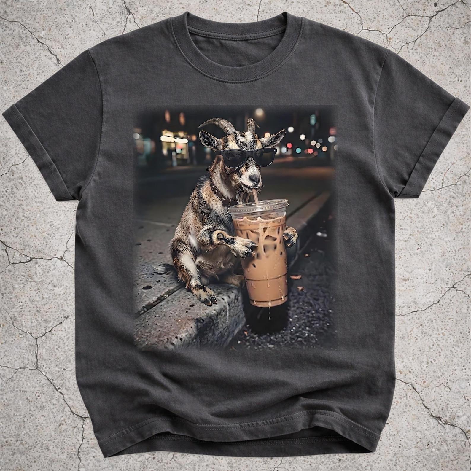 Funny Goat Drinking Iced Coffee Shirt, Goat Lover Gift, Farm Animal Tee M