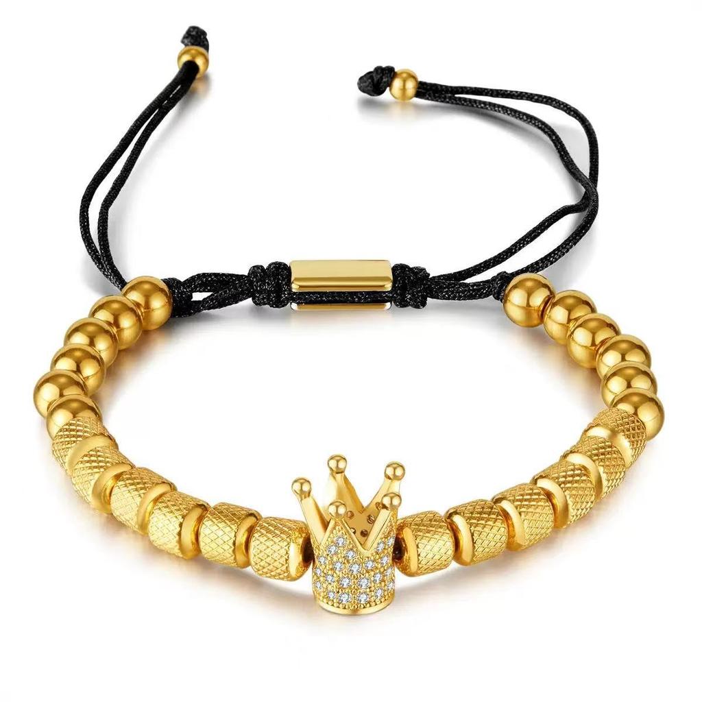 Stainless Steel 18K Gold Plated CZ Crown Pineapple Bead Bracelet, Woven Rope, Waterproof Tarnish-Free, Men's Jewelry