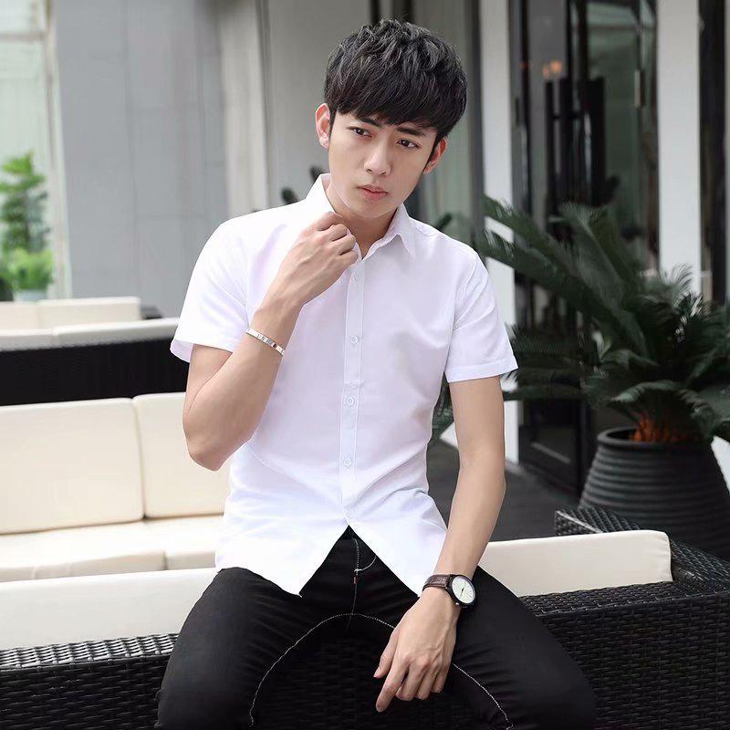 

Мужская приталенная однотонная белая рубашка с коротким рукавом для бизнеса 4XL