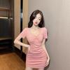 Sexy low-cut pleated square neck kinked dress women's solid color Spice girl style tight hip skirt wholesale