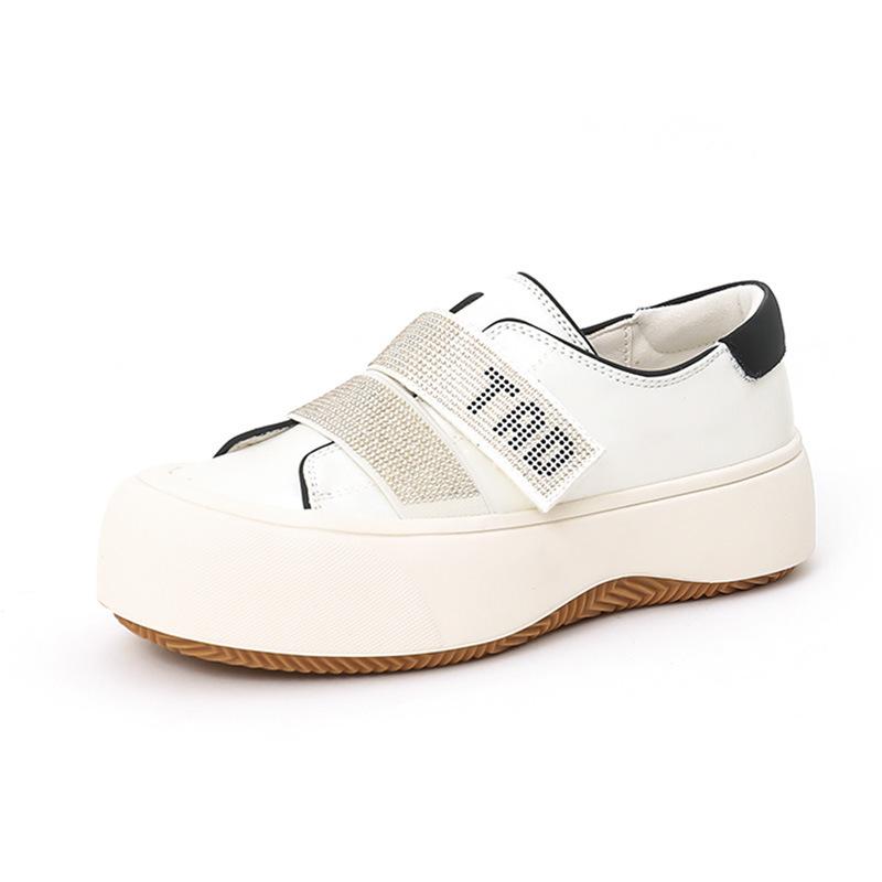 Strass Damenschuhe 2025 Frühling neue dicksohlige Klettverschluss kleine weiße Schuhe Damen lässige einzelne Schuhe Damen vielseitige flache Schuhe Damen