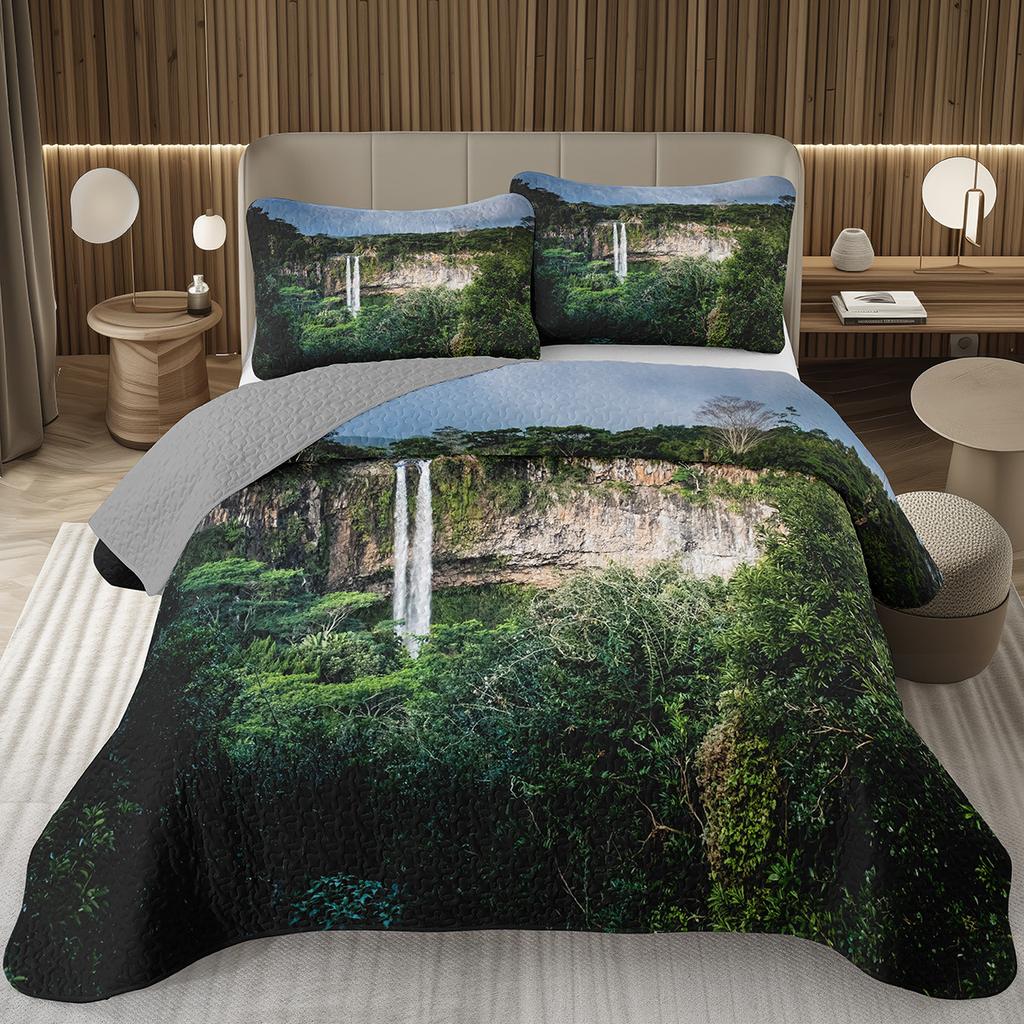 Forest Bedspread King/Full Magical Woodland Jungle Coverlet Set Dreamy Misty Scene Quilted Bedding Set Reversible Grey Bed Cover
