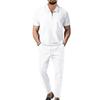 Men Spring Autumn New Solid Color Waffle Knit Collared Half Zip Polo Shirt Pants Set