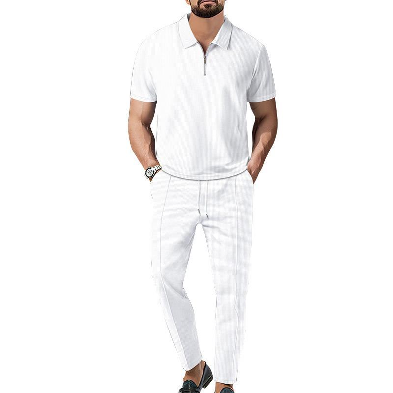 Men Spring Autumn New Solid Color Waffle Knit Collared Half Zip Polo Shirt Pants Set