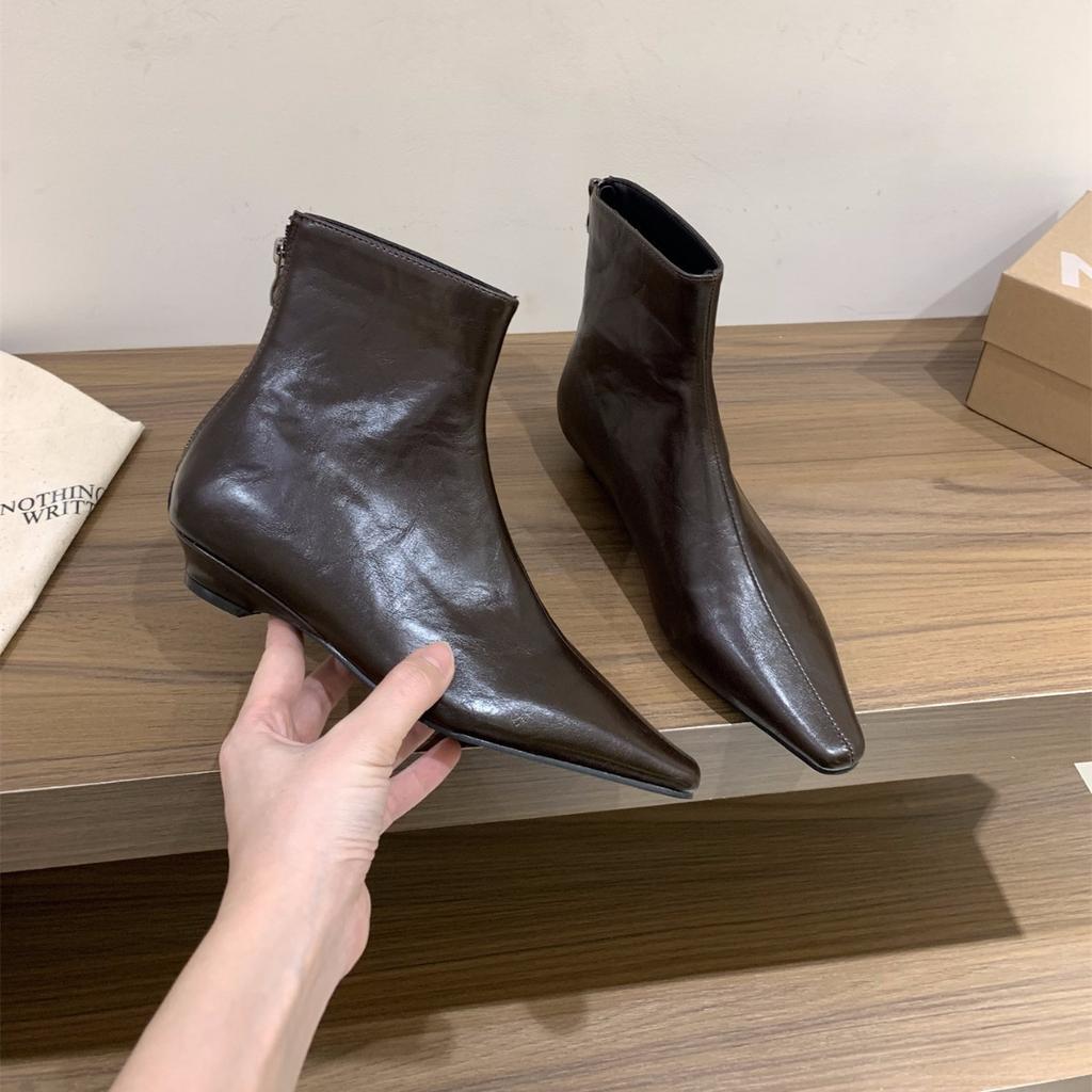 Thick Heel Pointed Tip Thin Brown Short Boots Women's Boots 2025 New Temperament with Skirt Autumn and Winter French Small Bare Boots