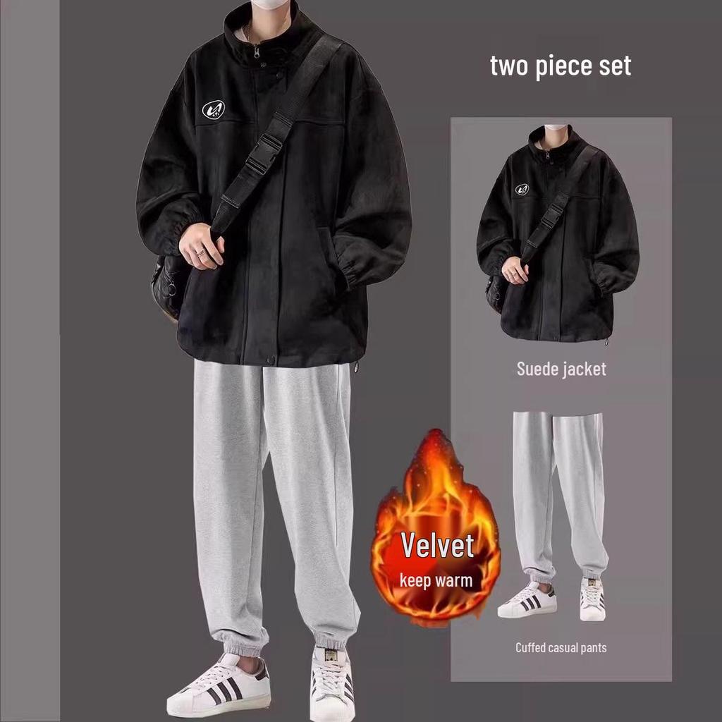 Men's Trendy Three-Piece Set: Autumn/Winter Suede Jacket, Cotton Coat, Casual Student Outfit