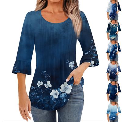 Tricou de damă la modă, casual, plisat, cu guler rotund, imprimeu floral, mânecă trei sferturi