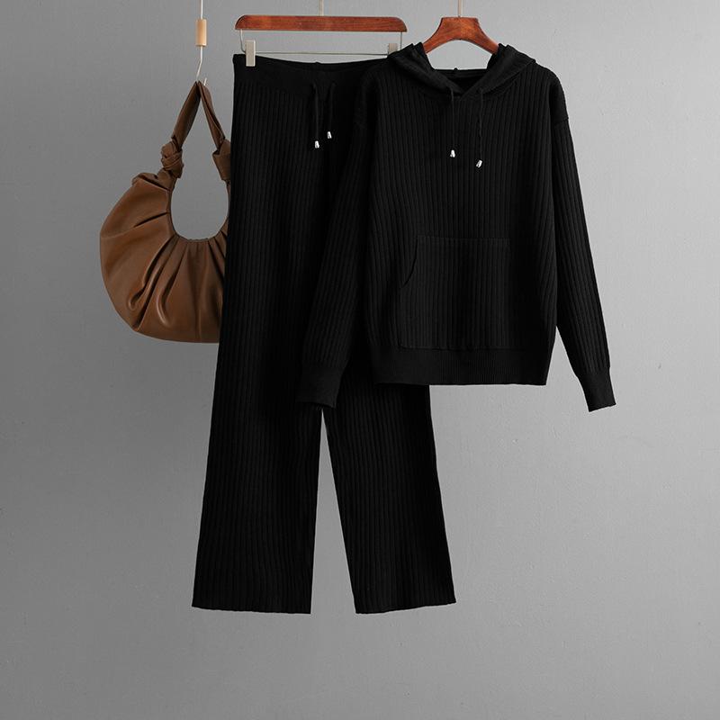 Повседневный вязаный комплект Женский осенне-зимний вязаный свитер с капюшоном Комплект из двух предметов OneSize чёрный