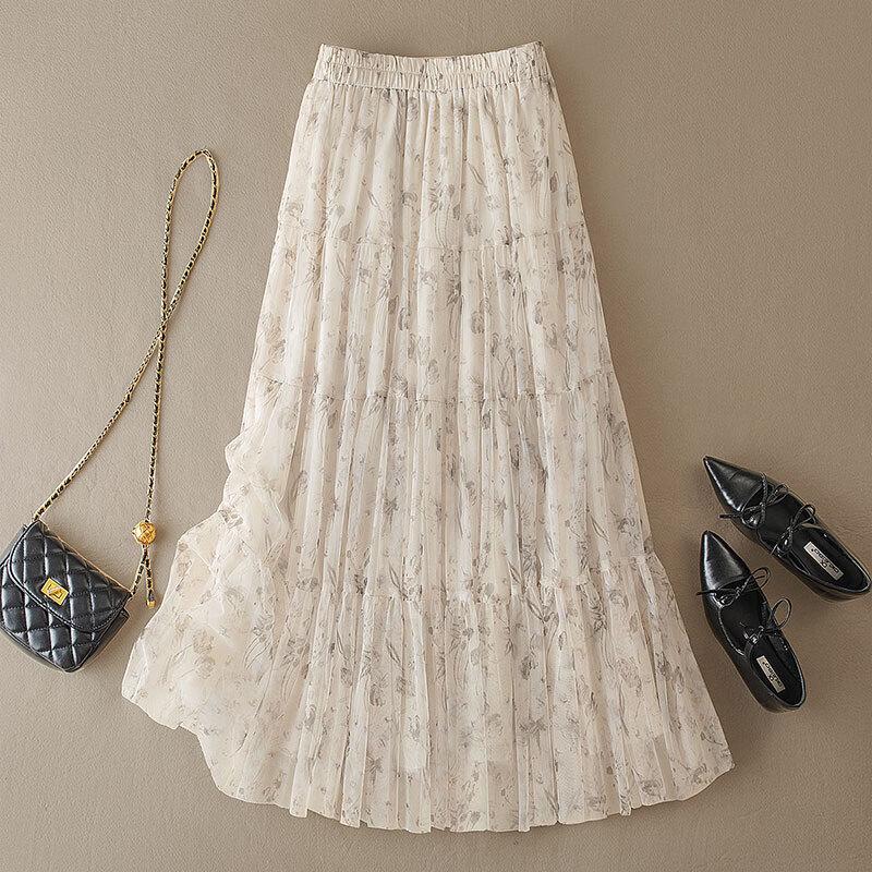Sibaisha Women's High-Waist A-Line Floral Mesh Midi Skirt