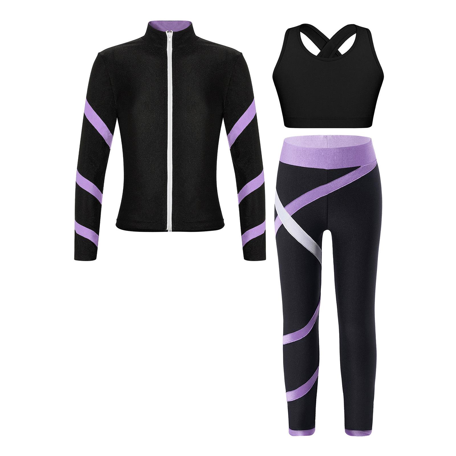 

Girls 3Pcs Tracksuit Figure Skating Outfit Sleeveless Keyhole Back Vest Contrast Stripe Long Sleeve Jacket Colorblock Leggings 5-6 Years чорний/лавандовий