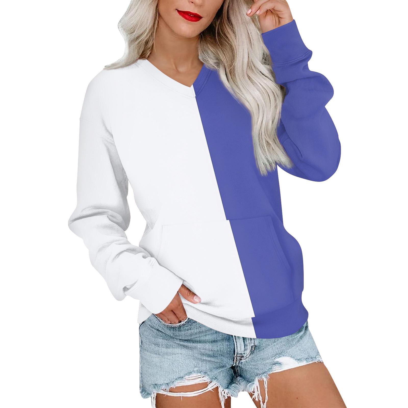 

Женская повседневная модная цветная стеганая толстовка с V-образным вырезом и длинным рукавом, легкий пуловер с карманами M синий