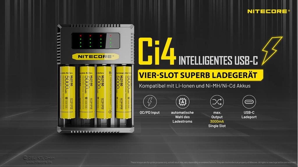 Nitecore Ci4 Vier-Schlitz USB-C Smart Charger für Li-Ion, Ni-Cd und NiMH Akkus