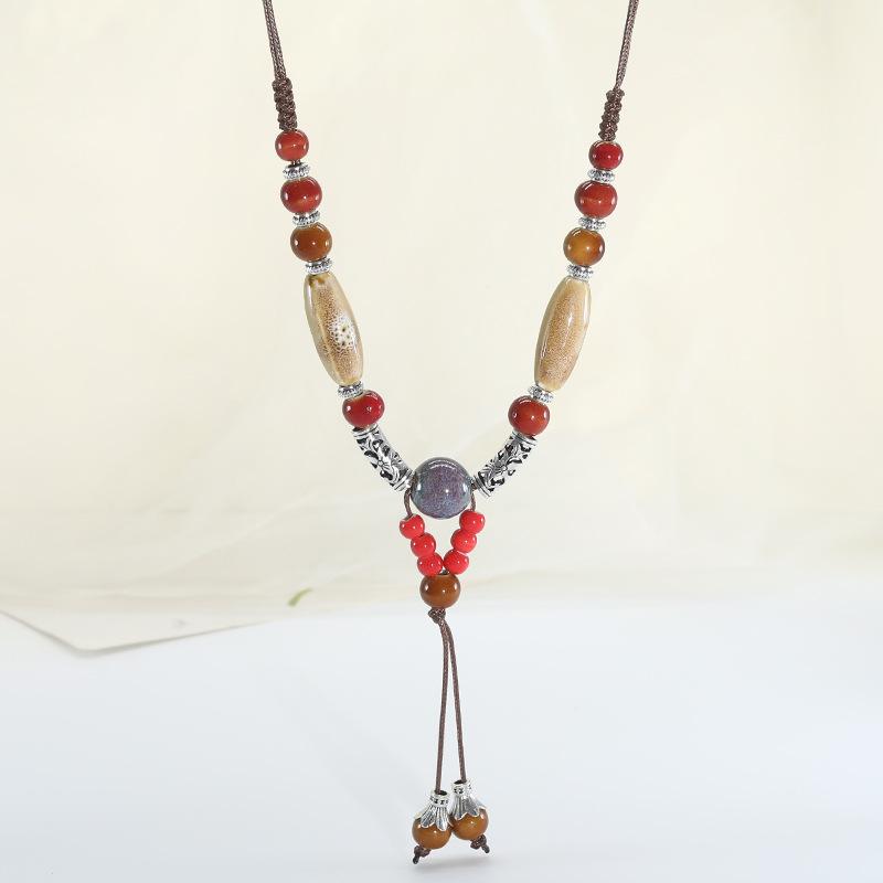 Богемское керамическое бусинное ожерелье с регулируемым шнуром, винтажные металлические акценты, земляные тона, ручная работа, этническое, для женщин